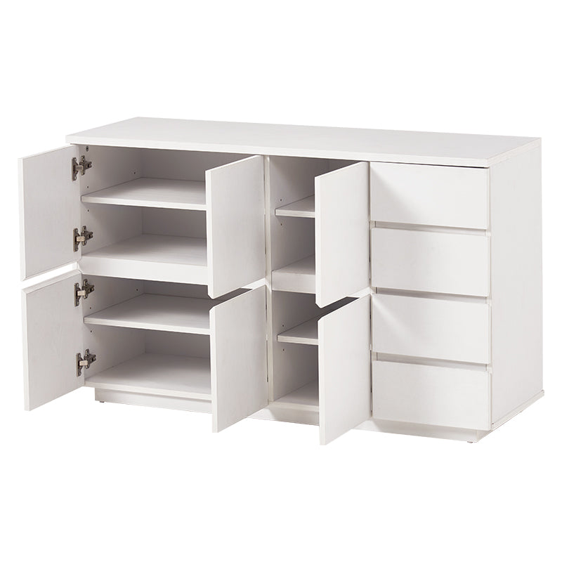 可動棚付き木目調キャビネットホワイトを白抜きで扉が開いている状態を写している