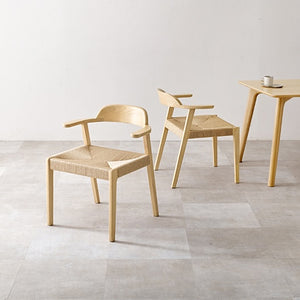 Minimalist wooden chair with woven natural fiber seat and backrest set of 2 paper cord short armchairs