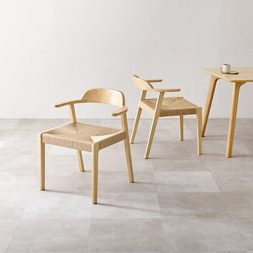 Minimalist wooden chair with woven natural fiber seat and backrest set of 2 paper cord short armchairs