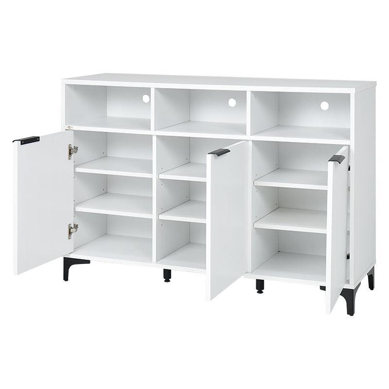 ホワイトの木目調のキャビネットの収納部分の扉をすべて開けている様子