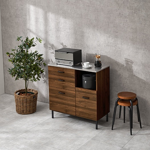 ウォルナットのステンレス天板コンセント付きキッチンカウンター