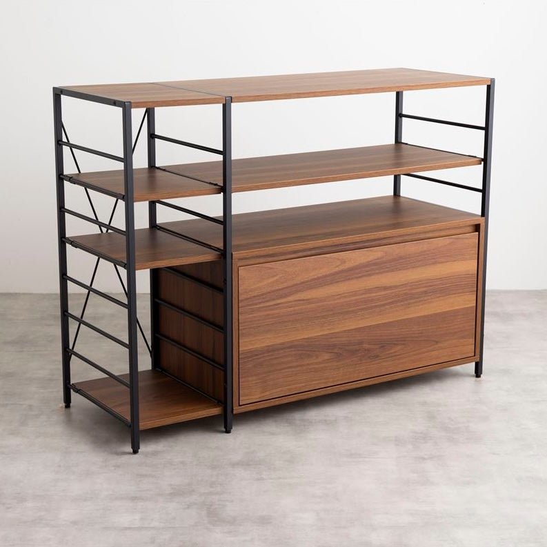 ブラウンの棚板とブラックの支柱デザインの引き出し付きのワイドなオープンラック