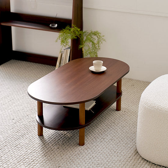 Roomnhome バルトレイヤードリビングテーブルのダークブラウンオーバルコーヒーテーブル 木製脚と下棚付き
