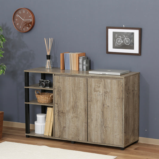 オープンラックが一体になった、ウッド素材のキャビネットの上に本やパソコンが置かれている様子