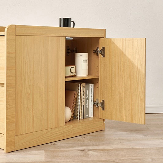 Light oak wood マルチ収納サイドテーブル with two doors and single shelf for versatile storage use