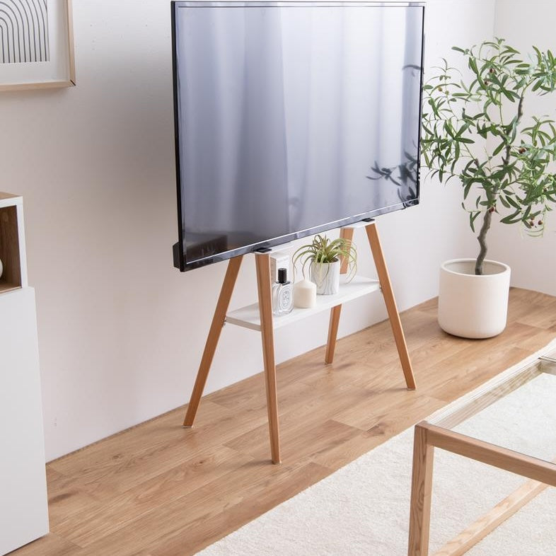 ホワイトのラックが付いたウッド脚のテレビスタンド