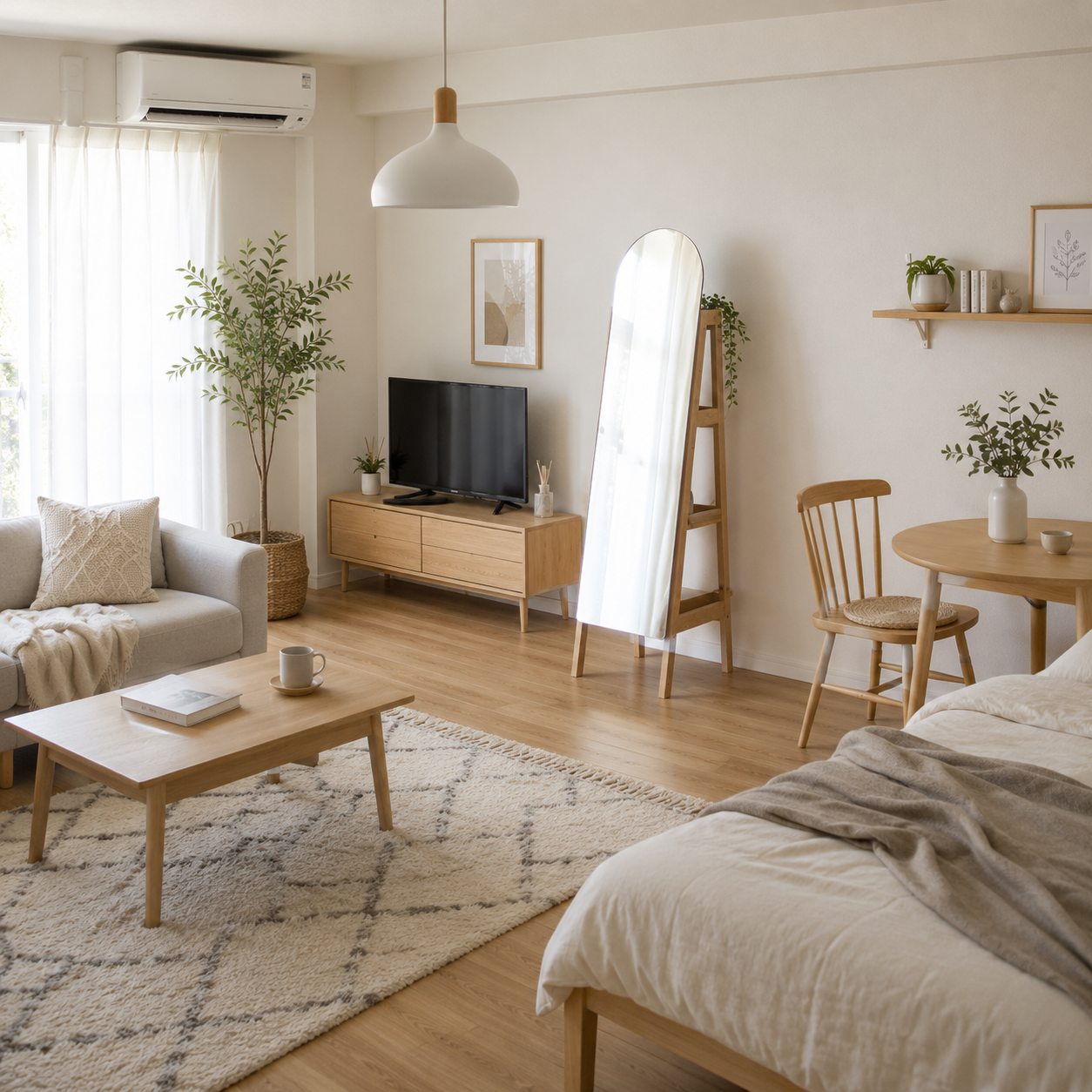 収納付きウッドミラーに合うライトナチュラル仕上げのシンプルな木製ミニマリストコーヒーテーブル