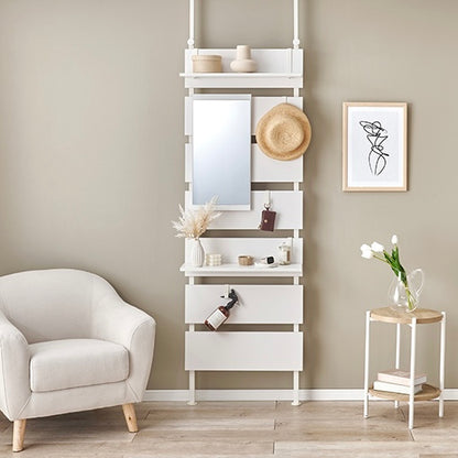 ホワイトの突っ張りミラー付きラック