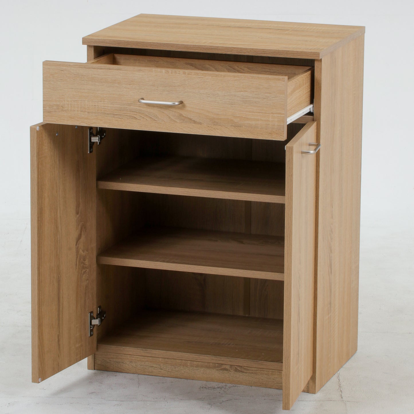 ユニット収納キャビネットナチュラルの引き出し全て開いた状態をうつしている様子