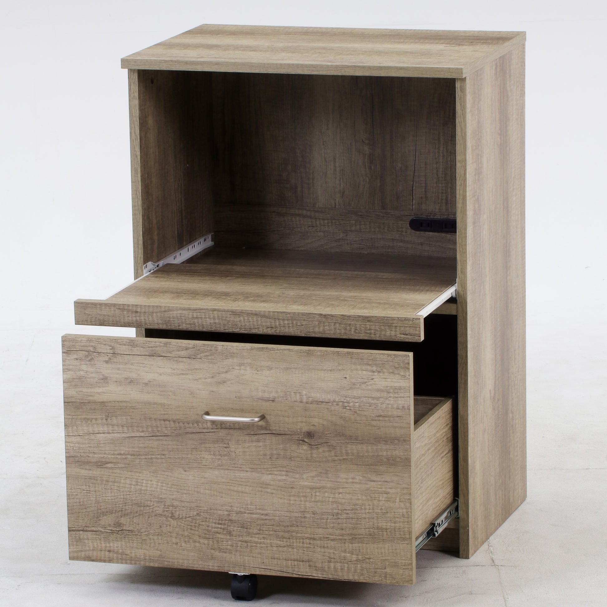 ユニット収納レンジボードグレーの引き出しが開いた状態を正面からうつしている様子