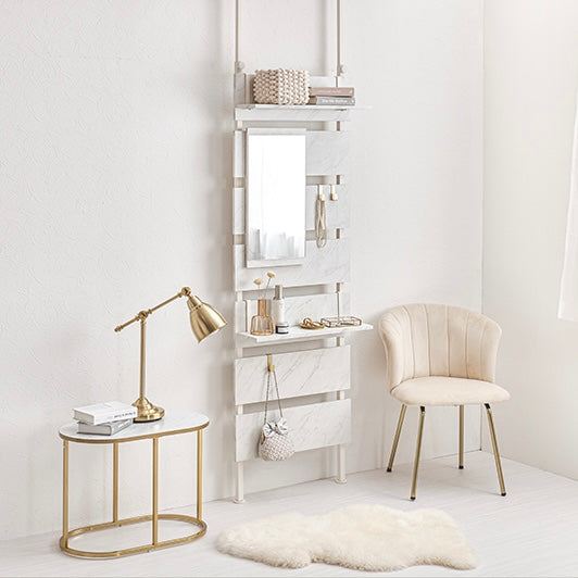 マーブルホワイトの突っ張りミラー付きラック