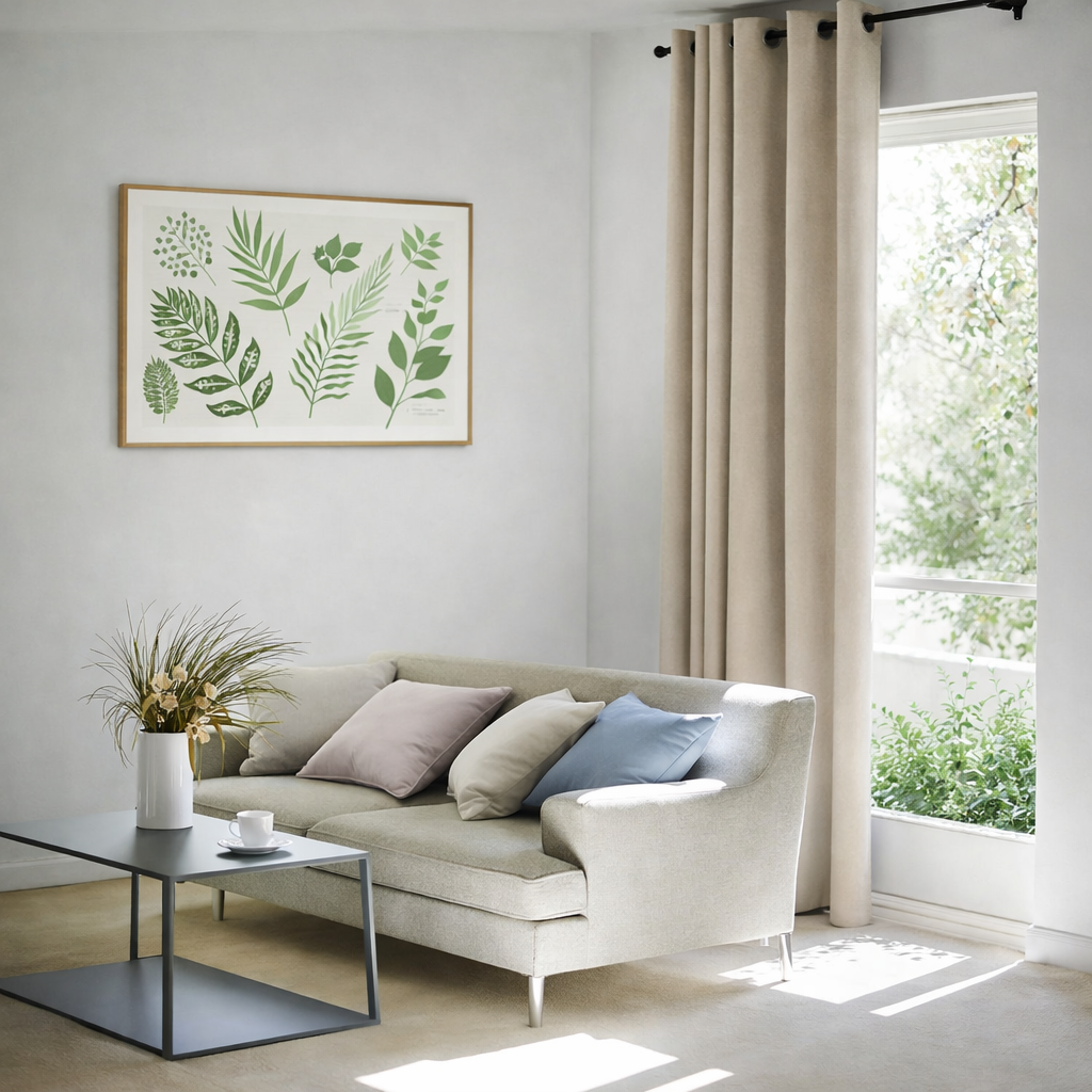 やわらかなスエード調の生地にほんのりとした光沢感をプラスしたドレープカーテンを窓にかけたリビング