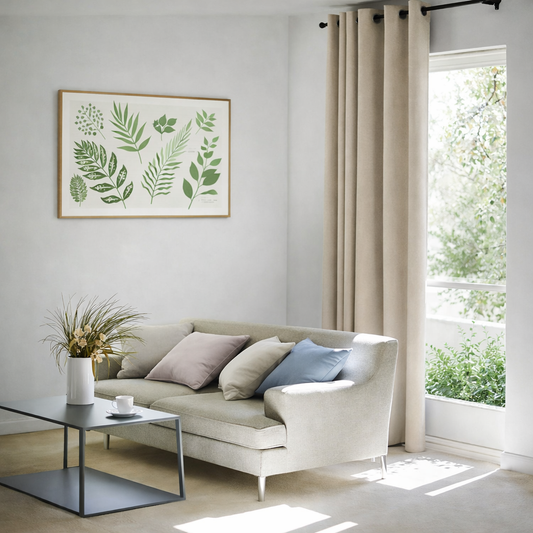 やわらかなスエード調の生地にほんのりとした光沢感をプラスしたドレープカーテンを窓にかけたリビング