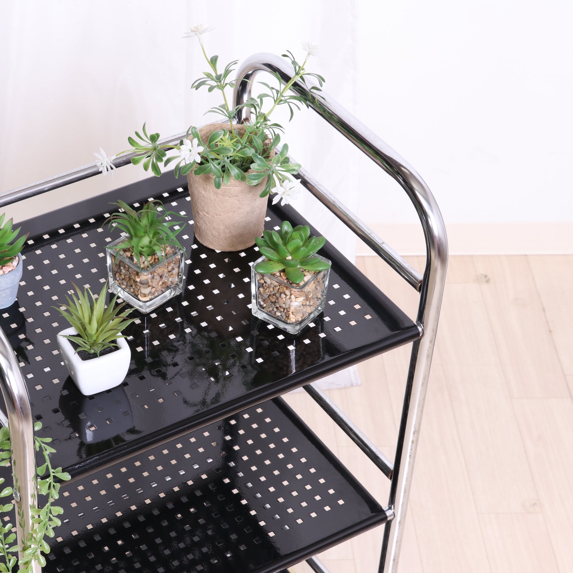 収納板がブラックのスチールワゴンに小さい植物がいくつか置かれてある様子