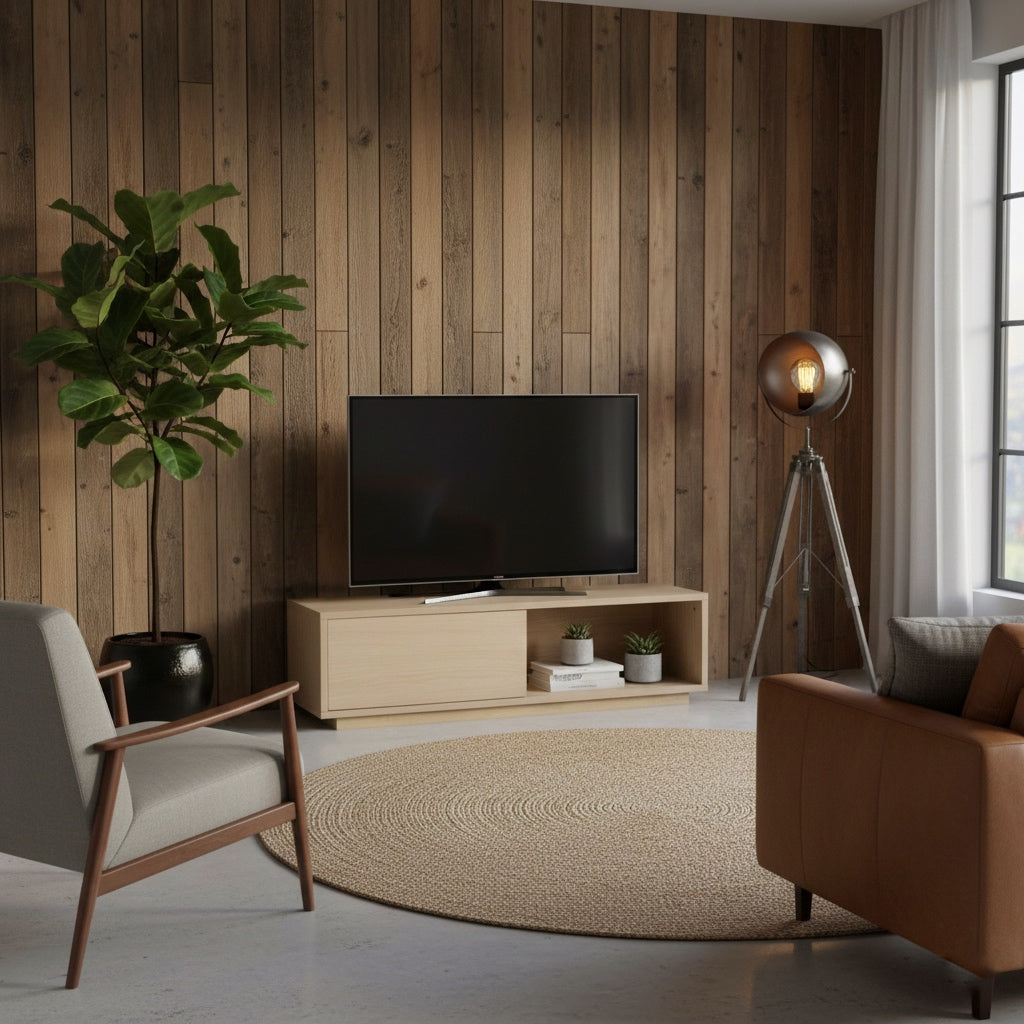 ナチュラルな木目調のスライド扉付きテレビボードを部屋に置いている様子
