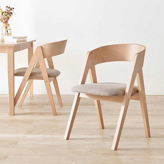 Light wood dining chair set of 2 with curved backrest and gray upholstered seat cushion天然木曲線ダイニングチェア