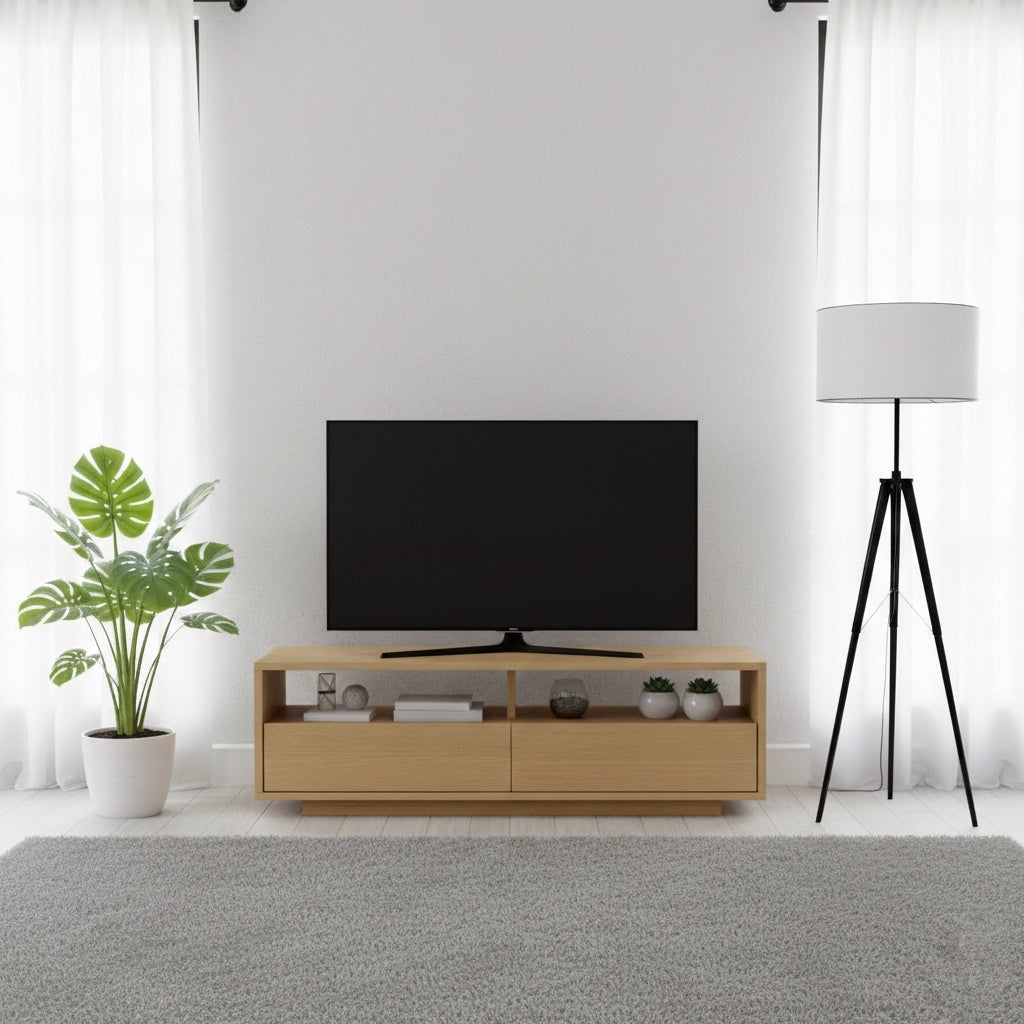 木目調の引き出し付きテレビボードを部屋に置いている様子