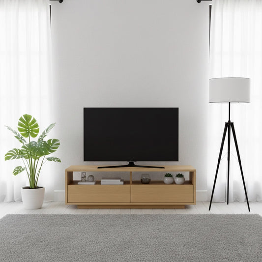 木目調の引き出し付きテレビボードを部屋に置いている様子