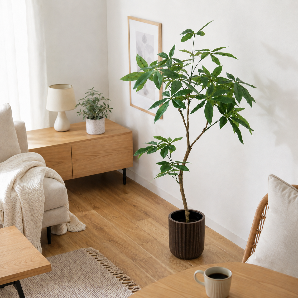 フェイクグリーンのパキラ、高くて緑の葉がついた植物が濃い茶色のリブ付き鉢に入っています。