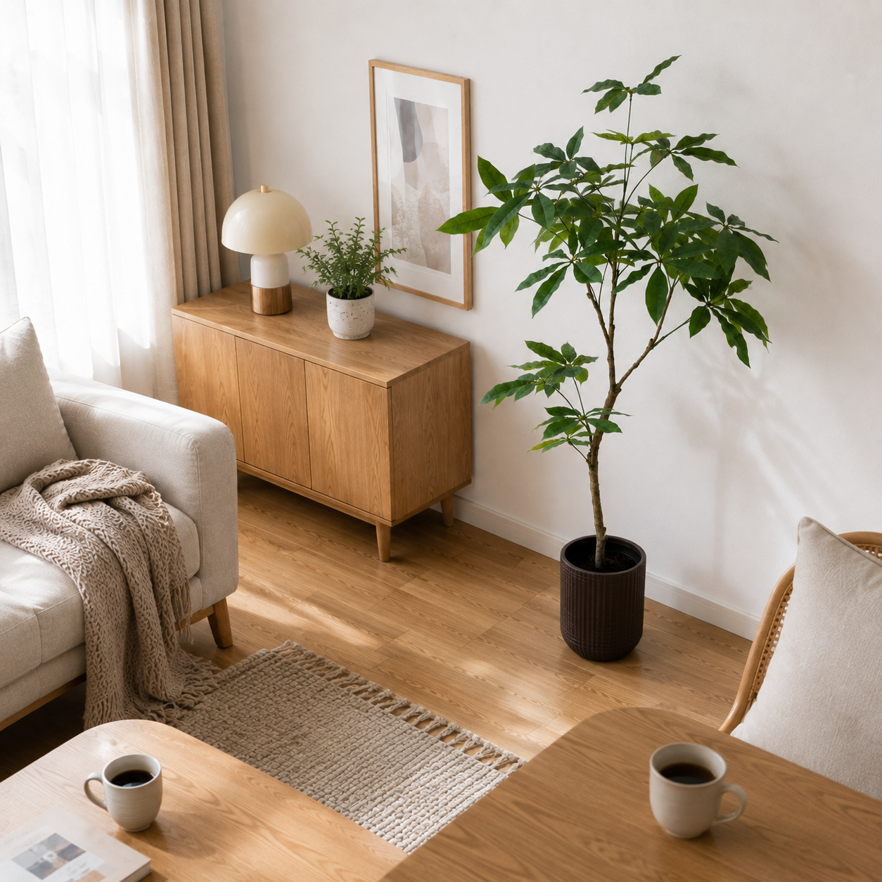 フェイクグリーンのパキラで背の高い緑の葉を持ち、暗い質感の鉢に入った観葉植物です。
