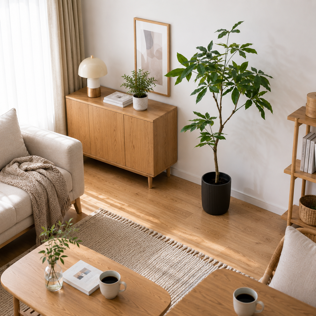 フェイクグリーンのパキラで葉が茂った高さのある緑の植物が黒いモダンな鉢に入っています。