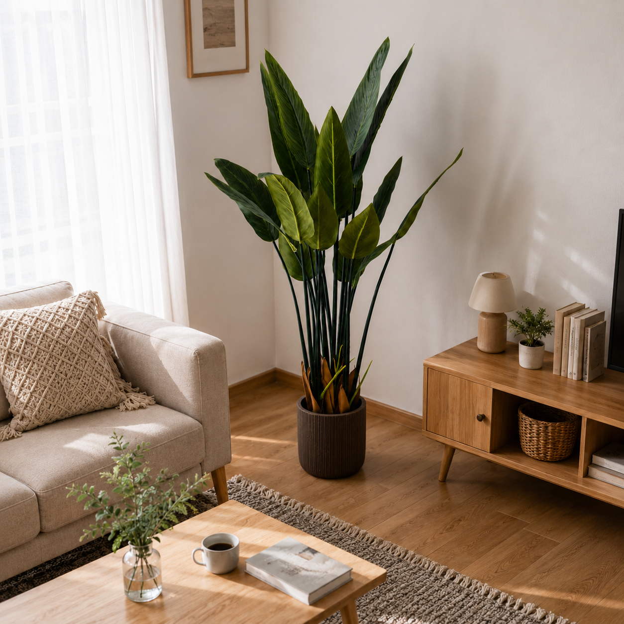 フェイクグリーンのストレリチアで濃い緑の葉が特徴の茶色い陶器鉢入り植物です。