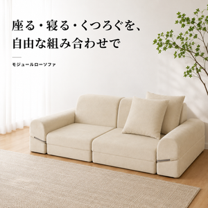 ベージュの柔らかいクッションとすっきりしたラインのモジュールローソファです。