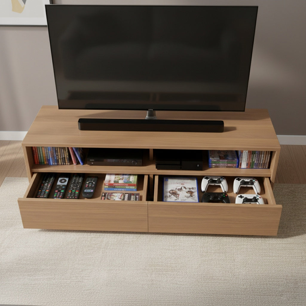 木目調の引き出し付きテレビボードの引き出しを開けた様子