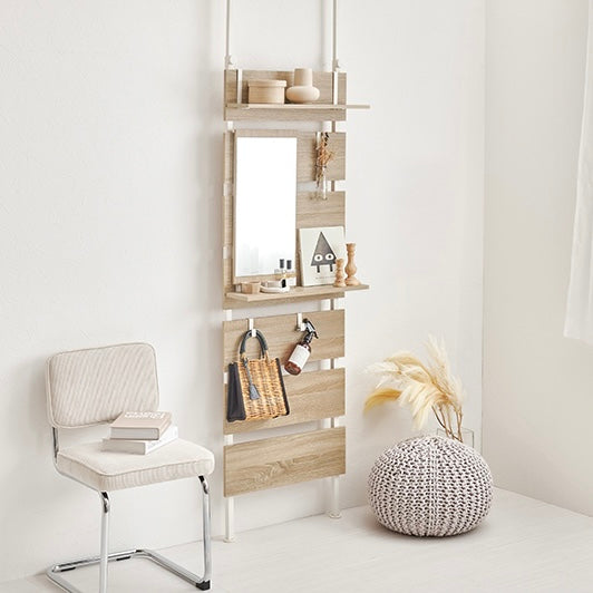 ナチュラルの突っ張りミラー付きラック