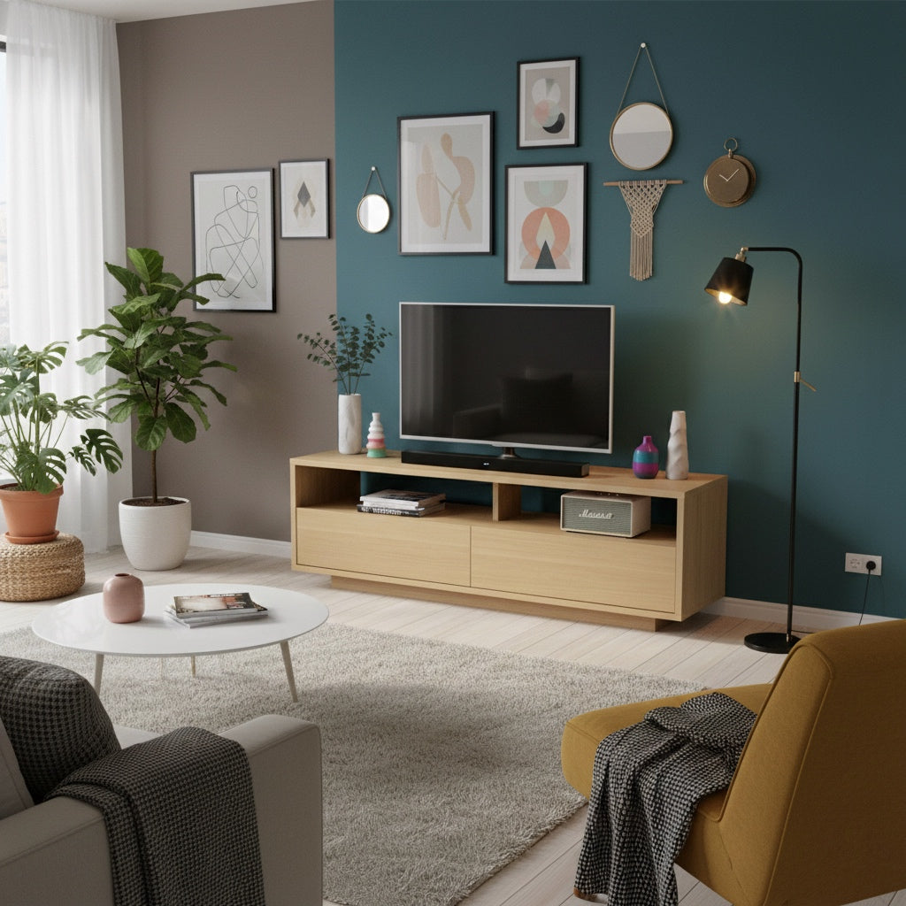 木目調の引き出し付きテレビボードを部屋に置いている様子