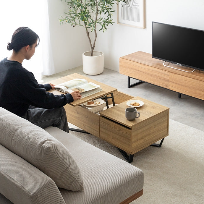 [幅90cm]昇降式引き出し付きセンターテーブル