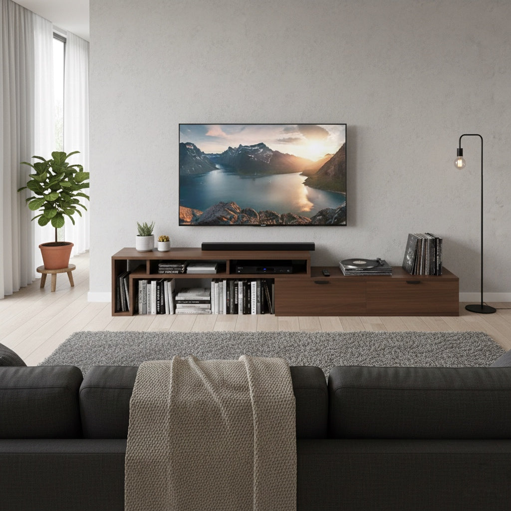 ブラウンの伸縮式のテレビボードを最大限まで伸ばして部屋に置いている様子