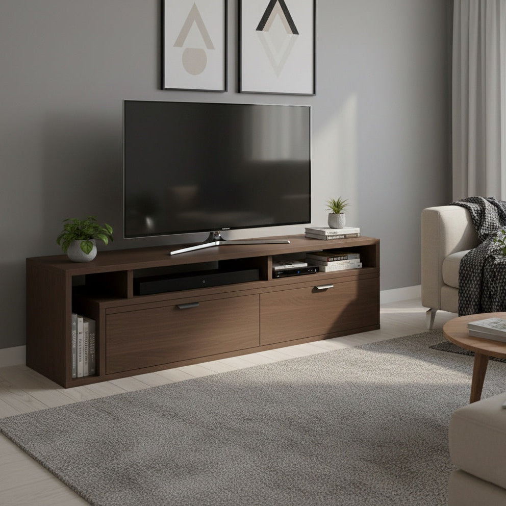 ブラウンの伸縮式のテレビボードを部屋に置いている様子