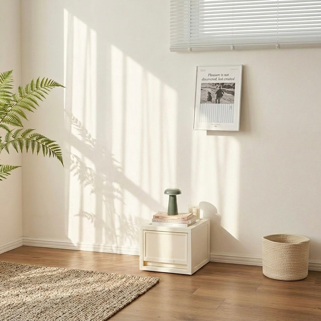 Roomnhomeデイリーショーケースシリーズのシンプルな白い木製ナイトスタンド，引き出し付き