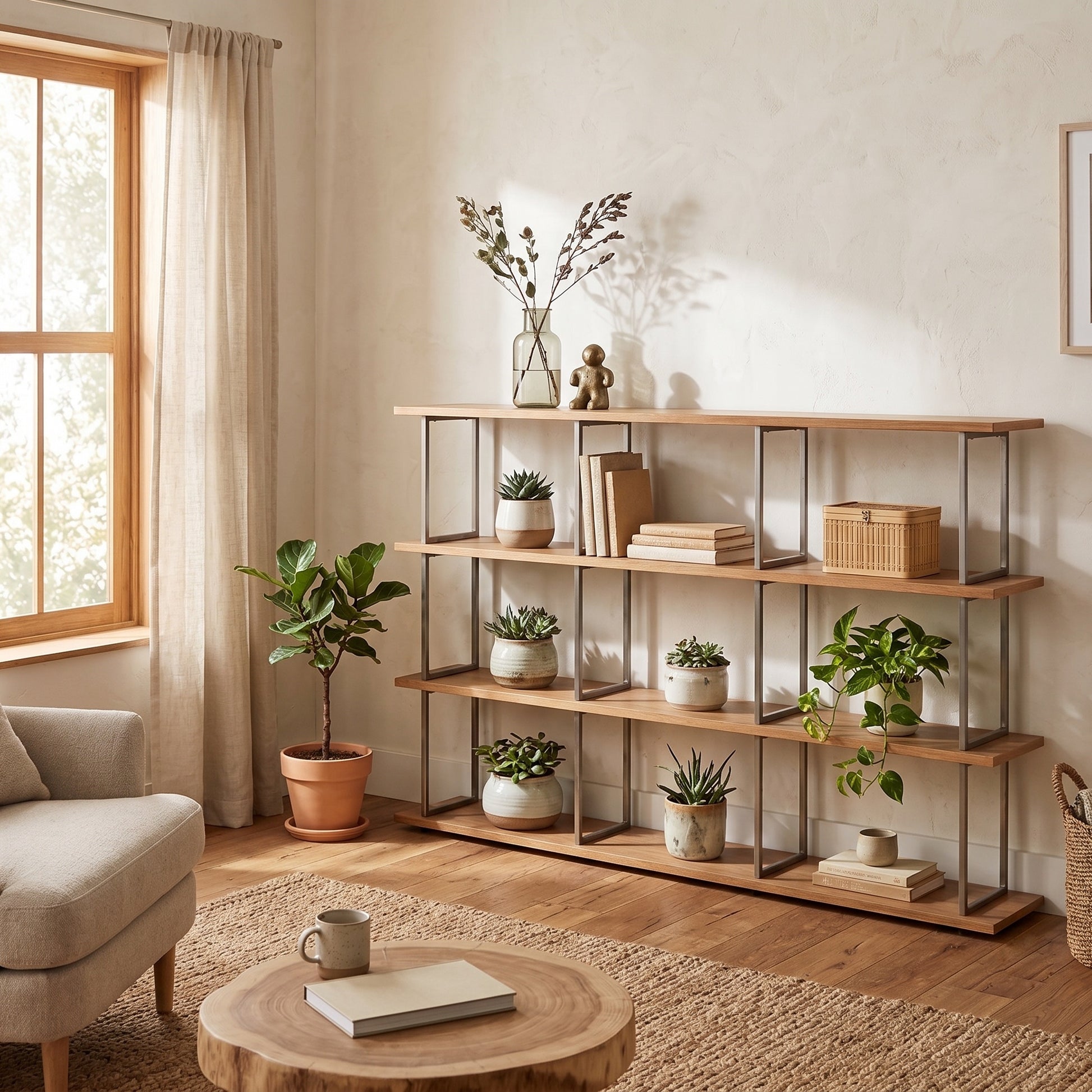 ステムシェルフの多層構造を持つ木製棚は金属フレームで植物と本を収納します。