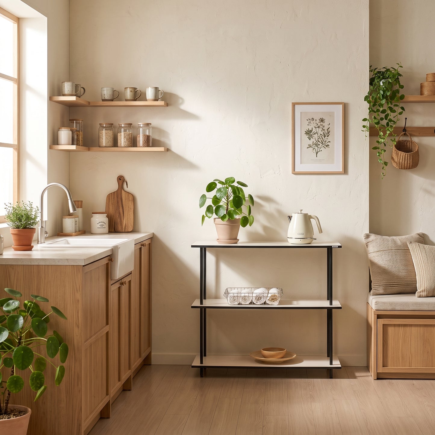 Roomnhomeのティンバーラックに合わせやすい白い電気ケトル、丸みのある持ち手付き