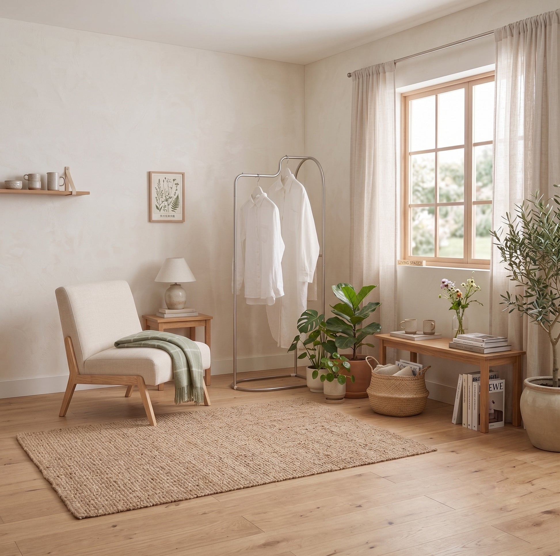 Roomnhomeのアーチカーブハンガーに合わせた木製脚の白いミニマルアームチェアに緑の編みブランケットを掛けています。