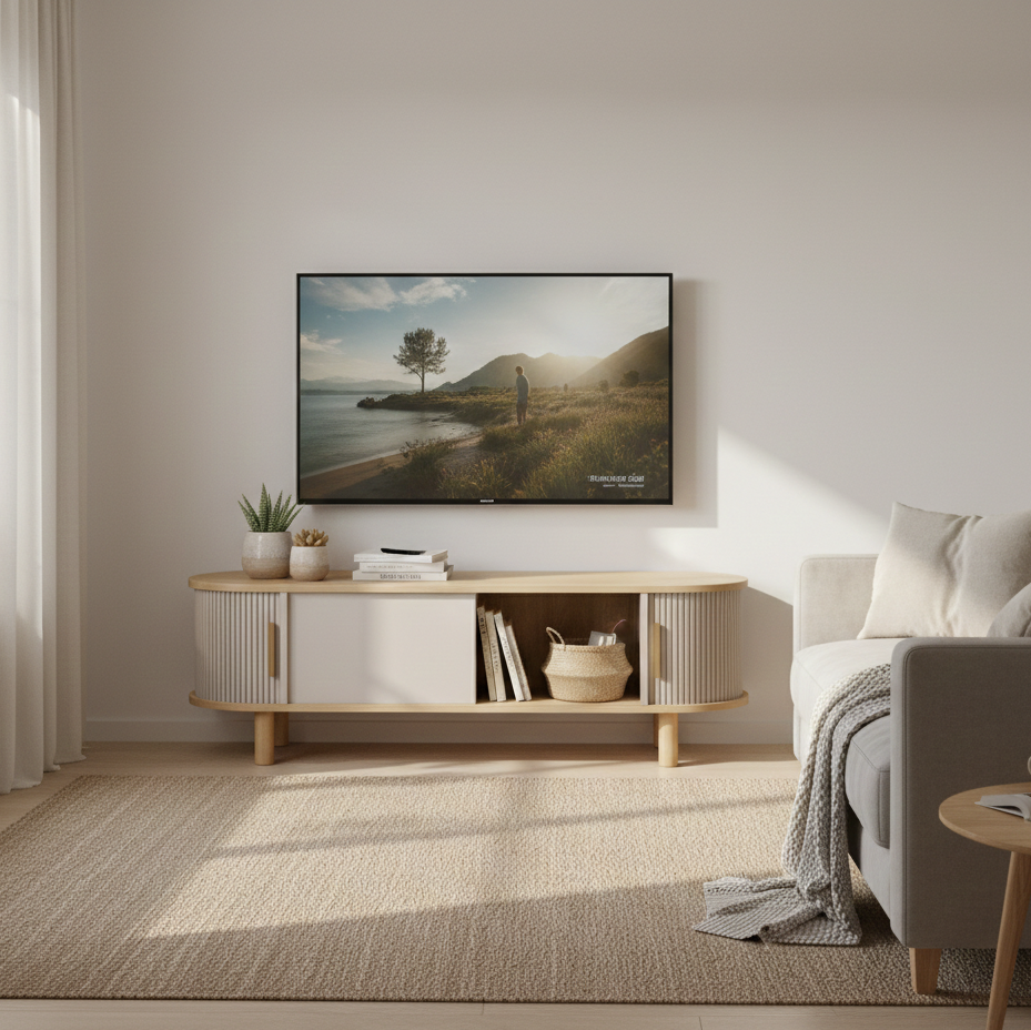 グレージュのモダンデザインのテレビボードを部屋に置いている様子