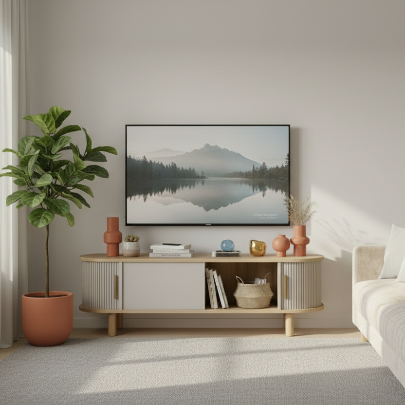 グレージュのモダンデザインのテレビボードを部屋に置いている様子