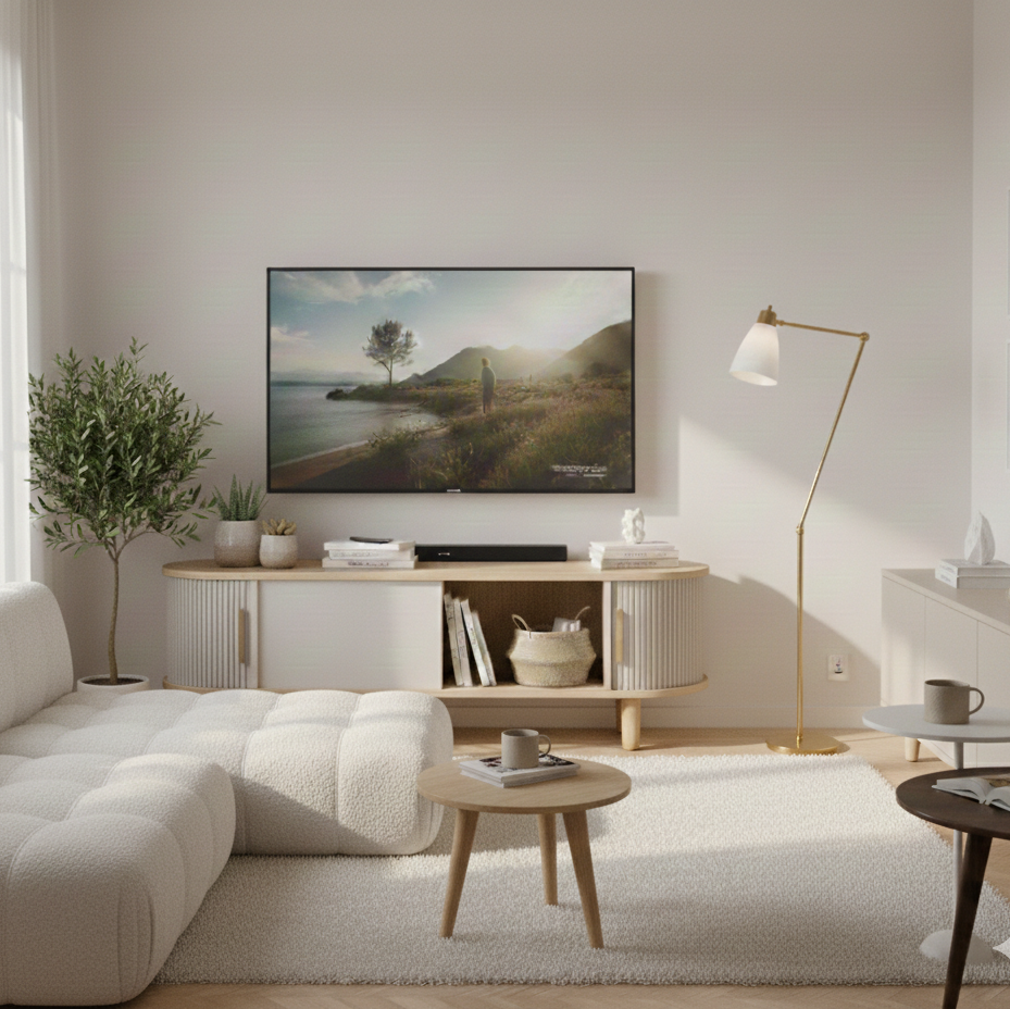 グレージュのモダンデザインのテレビボード