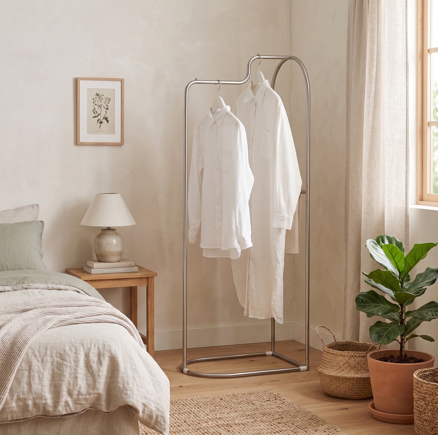 Roomnhome｜アーチカーブハンガーのミニマリスト銀色金属製衣類ラックに白いシャツ2枚掛け