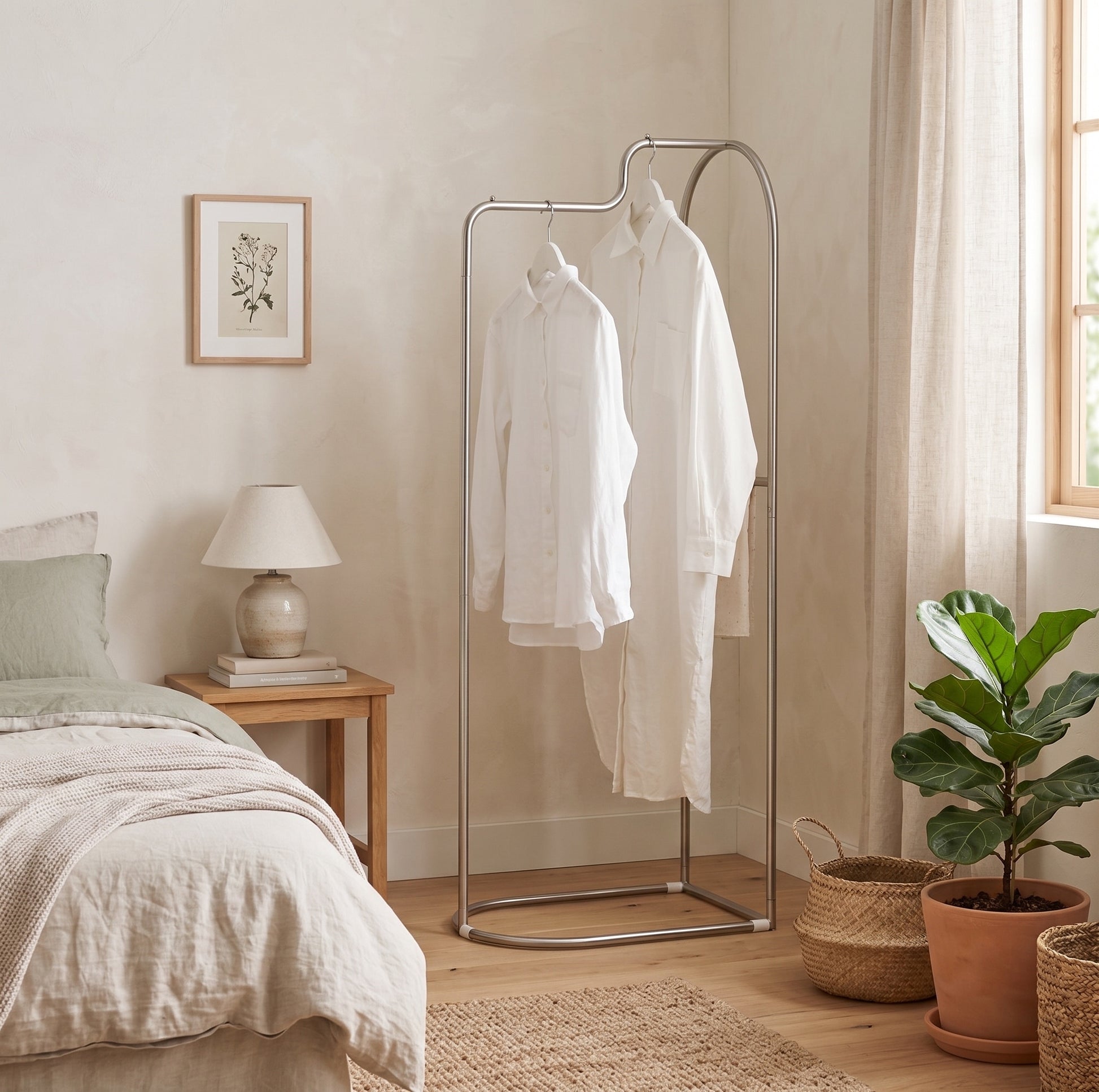 Roomnhome｜アーチカーブハンガーのミニマリスト銀色金属製衣類ラックに白いシャツ2枚掛け