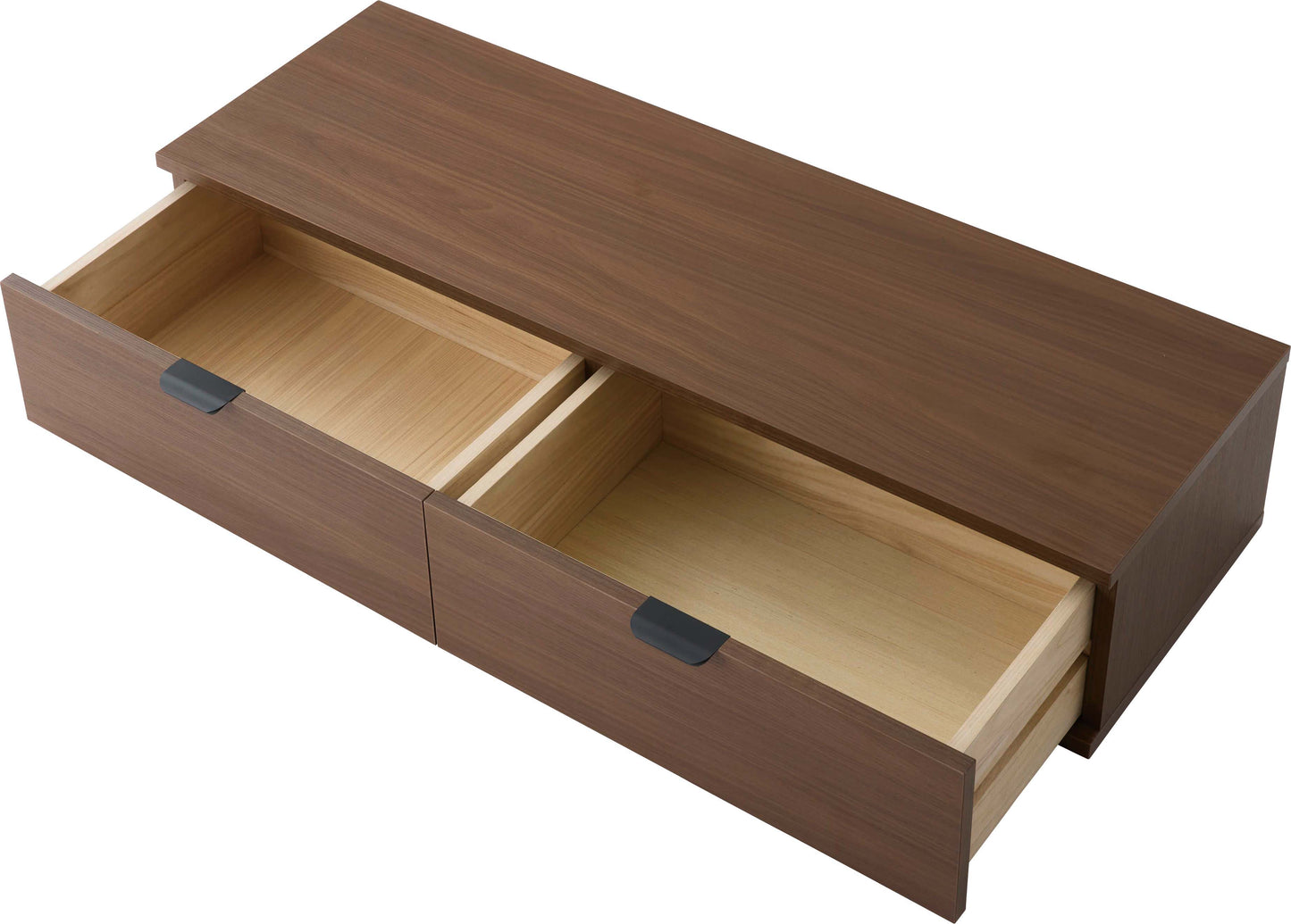 ブラウンの伸縮性テレビボードの引き出しを開けている様子