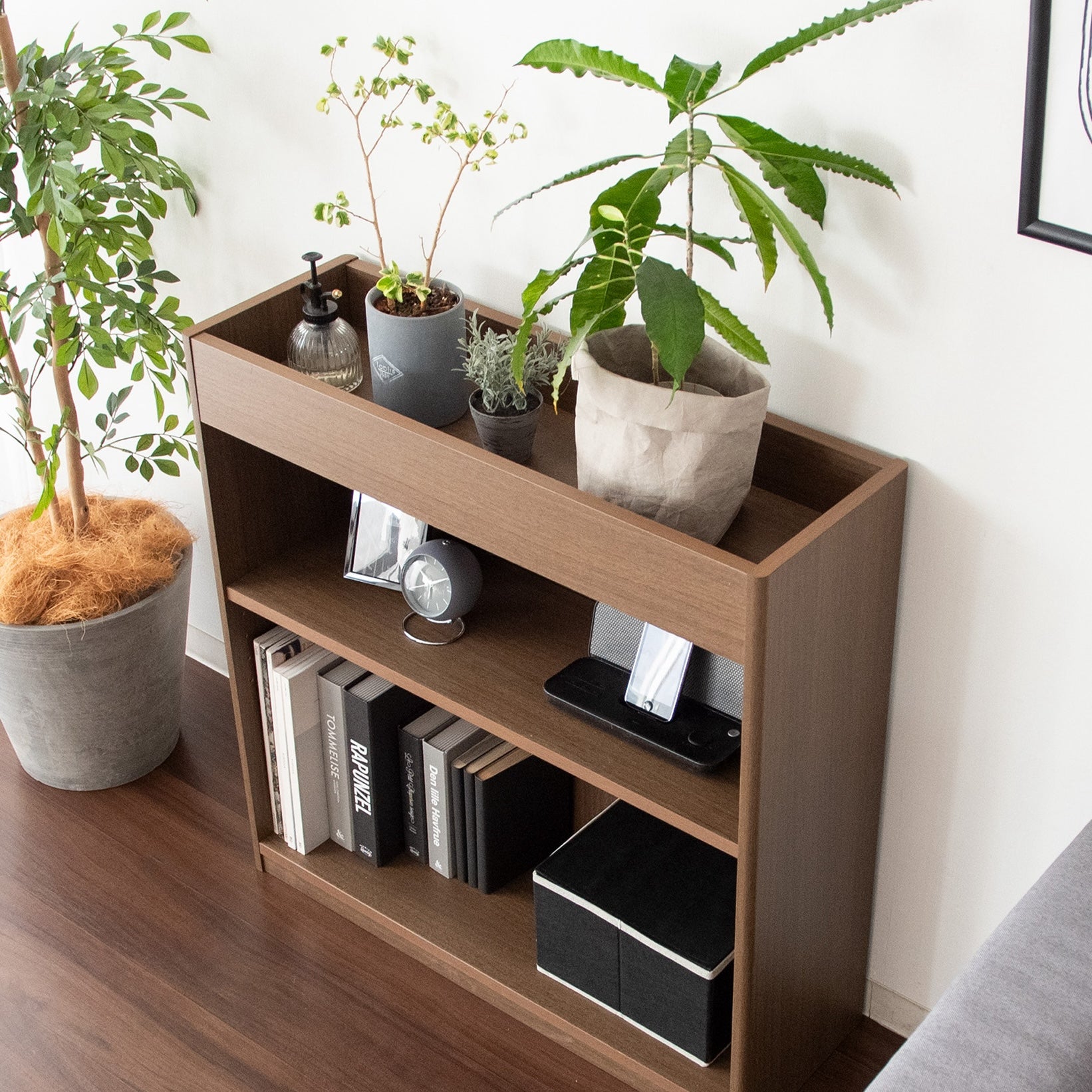 ブラウンの2段のオープンラックに植物と本が収納されている様子