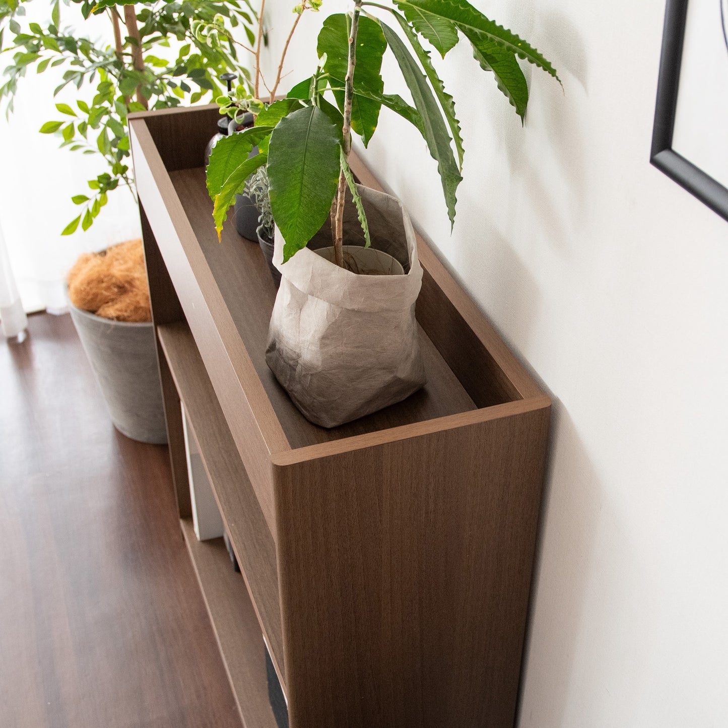 ブラウンの2段のオープンラックに植物が置かれている様子