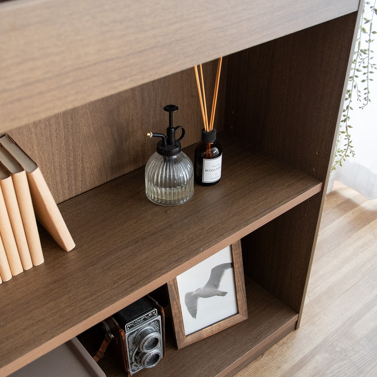 ブラウンの2段のオープンラックに植物と本やフレグランスが収納されている様子