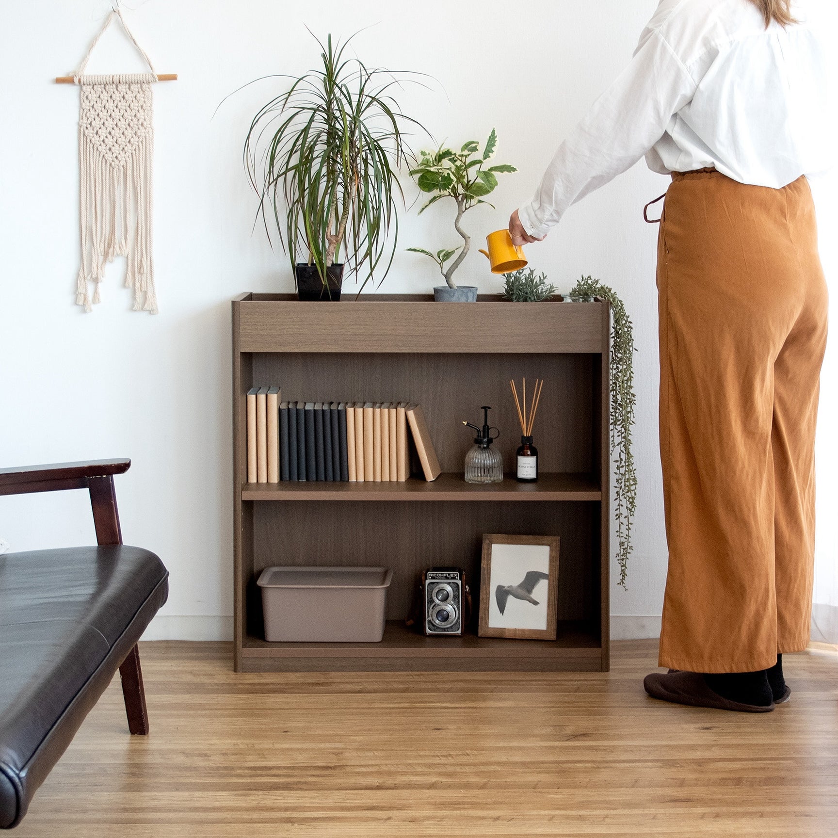 ブラウンの2段のオープンラックに植物と本が収納されている様子