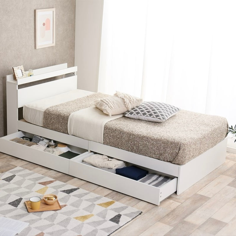 ホワイトの収納付きベッドフレーム