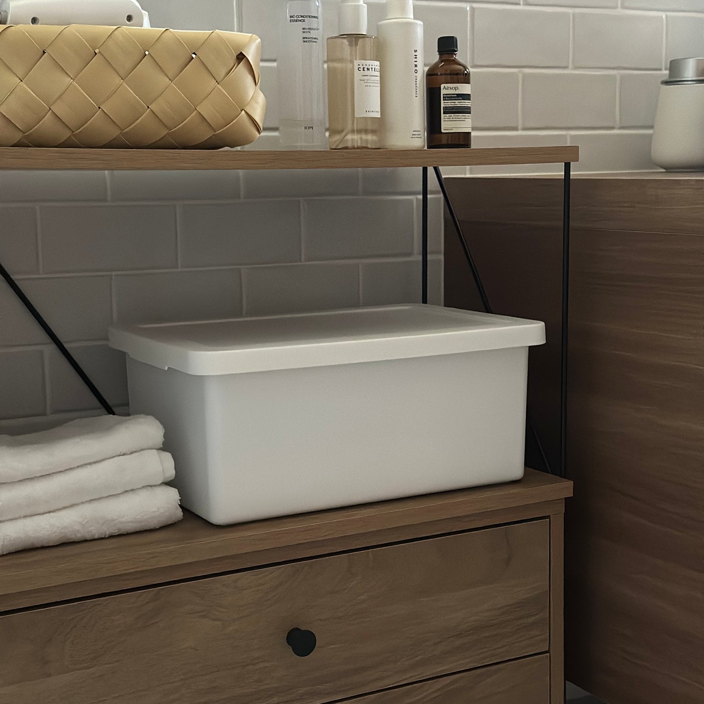 蓋付きのシンプルなプラスチックの収納ボックスが棚の中に収納されている様子