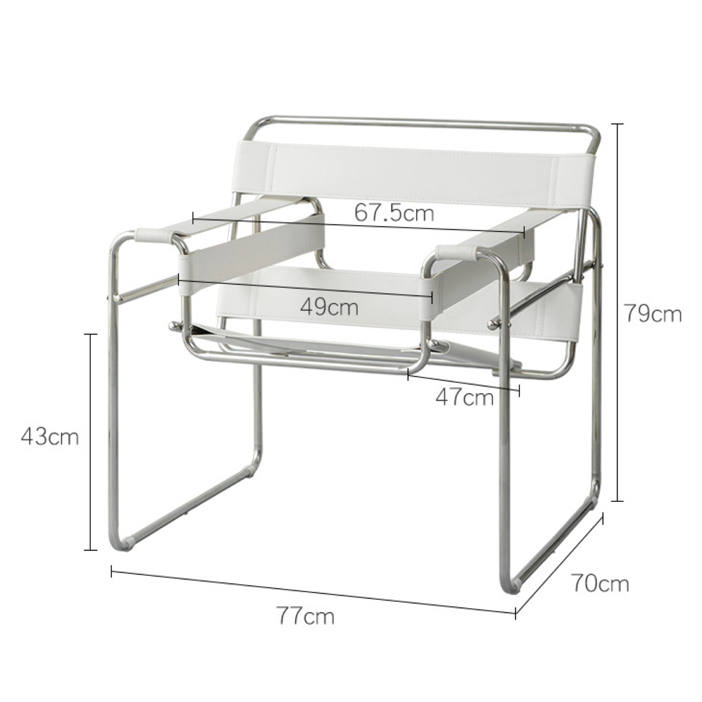 シルバーパイプの白いスタイリッシュな一人掛けチェア　有名なワシリーチェアのリプロダクト品　サイズ表